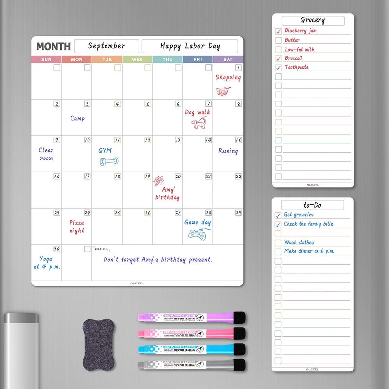 ALEZEL Magnetic Dry Erase Refrigerator Calendar, Vertical Monthly Planner Whiteboard for Fridge, Includes Fridge Calendar & 2 List White Boards, 4 Markers + Eraser - Image 1
